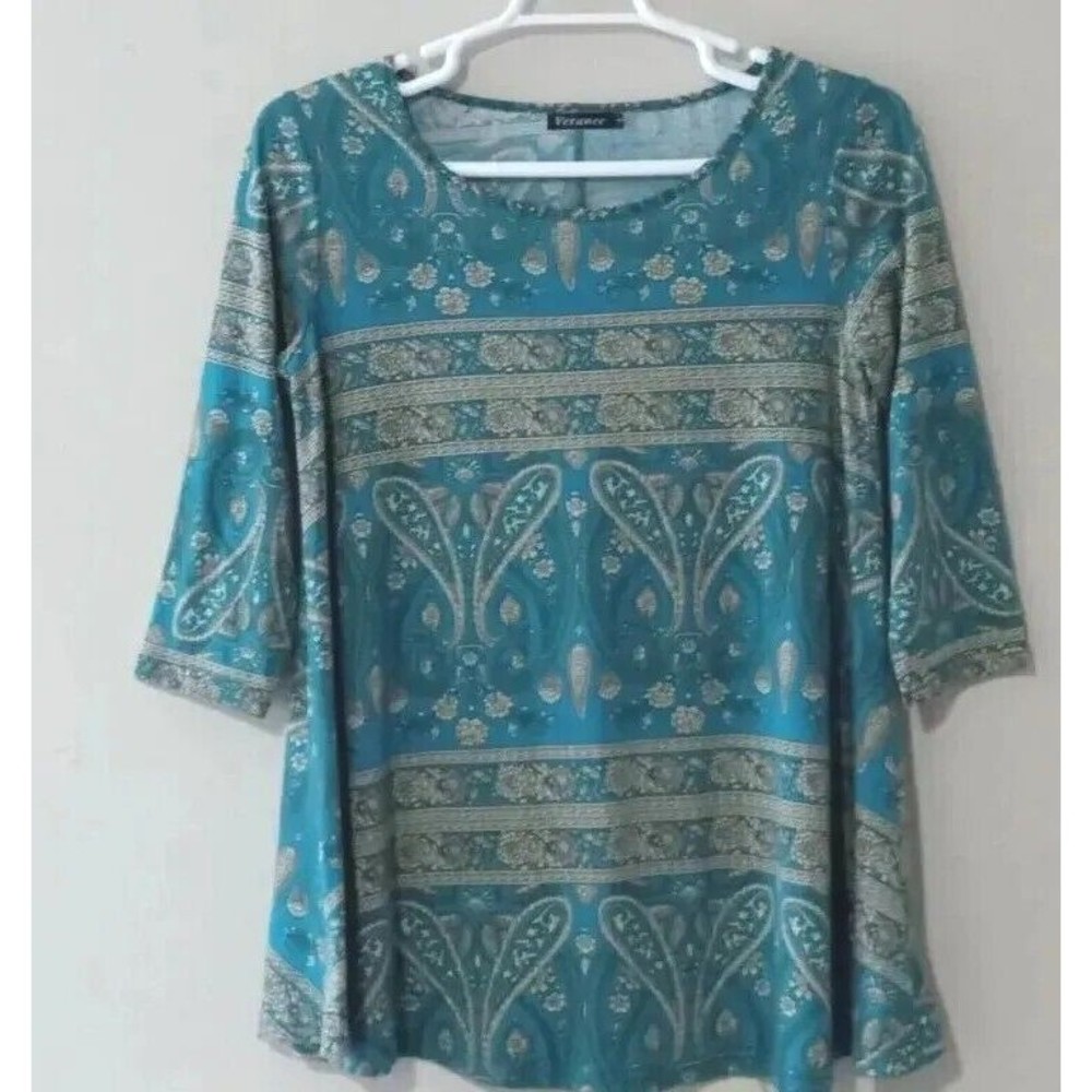 Women's Veranee Teal and Tan Paisley Print Long Sleeve Pullover Top  Size Large